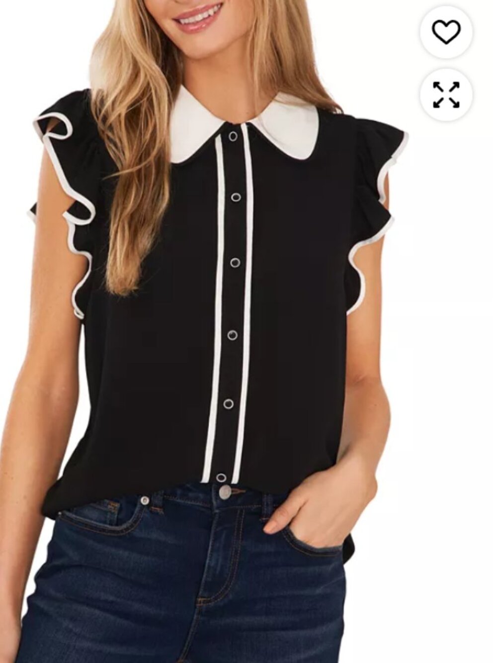 CeCe Contrast Trimmed Flutter Sleeved Blouse, Size Medium, Peter Pan Collar